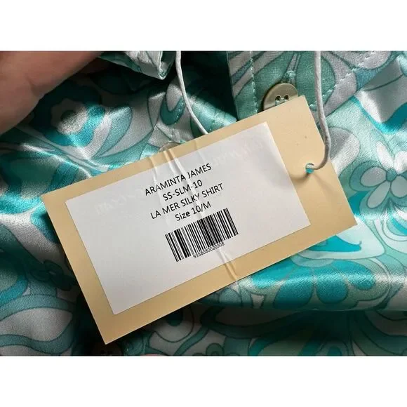NWT Araminta James La Mer‎ Silky Shirt Blue Collared Long Sleeve Womens Medium